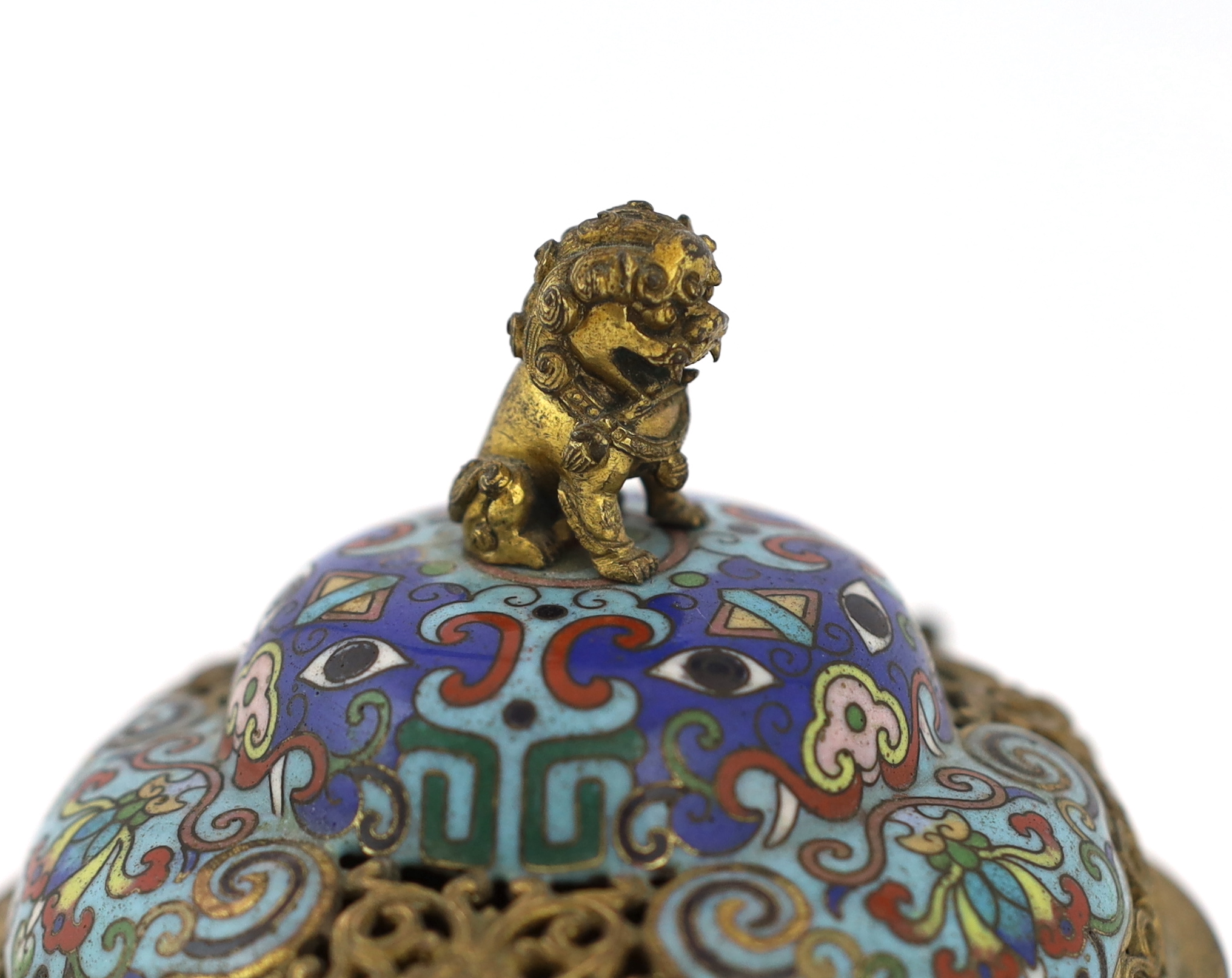 A Chinese cloisonné enamel and gilt bronze mounted censer and cover, 19th century, minor damage